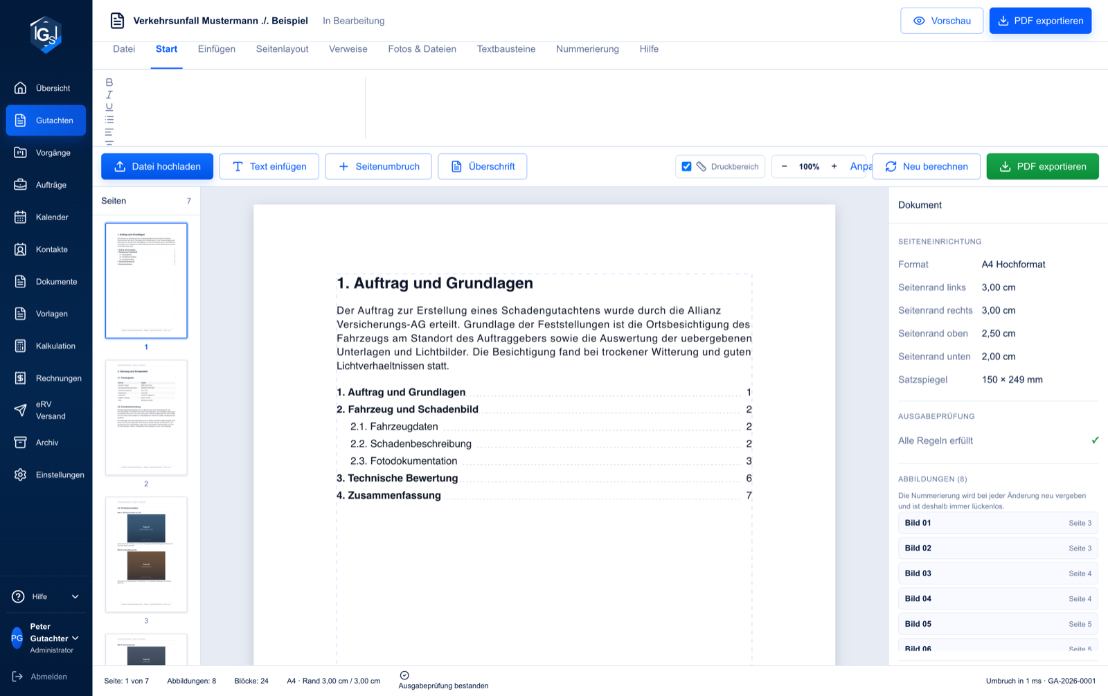 Der DIN-A4-Editor mit Menüband, Seitenleiste und der Dokumentseite in Originalgröße